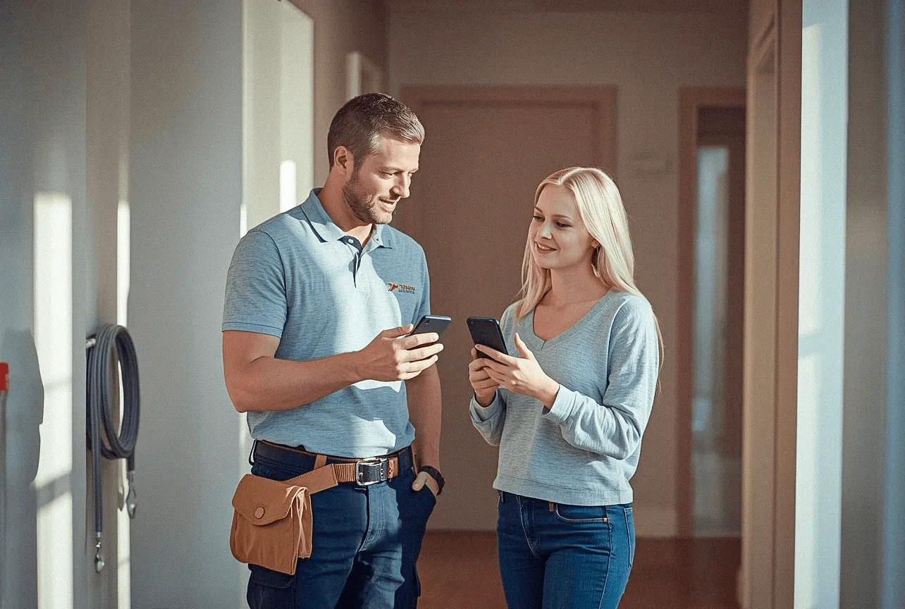 Service technician in a polo shirt and tool belt showing a service app on a smartphone to a female customer in a hallway.
