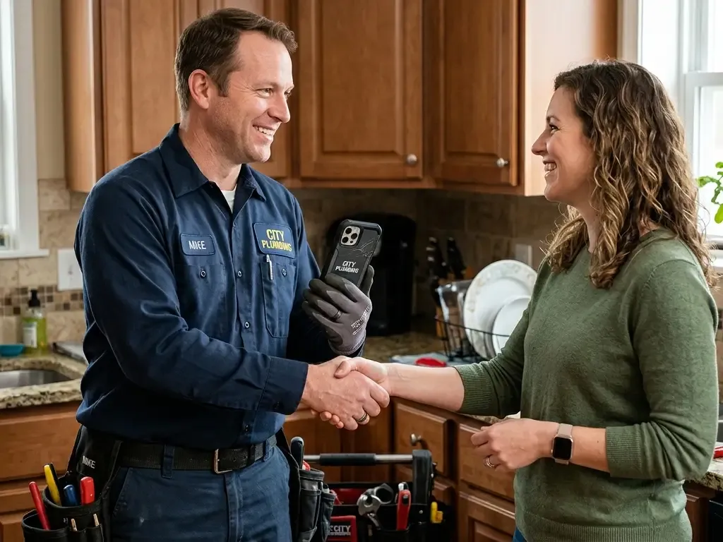A smiling home service contractor in a navy blue uniform holds a tablet showing a 5-star rating screen while a female customer prepares to scan it with her phone on a residential porch.