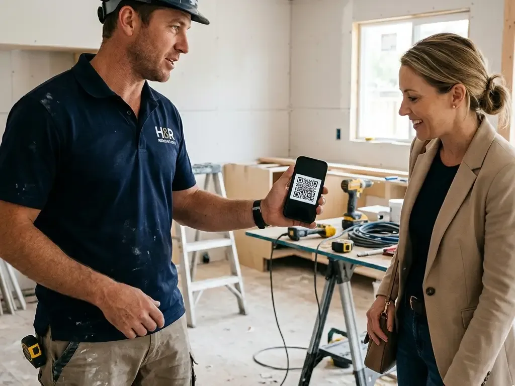 Un contratista de construcción con polo oscuro y casco muestra un código QR en su smartphone a una clienta con blazer beige dentro de una casa en renovación.