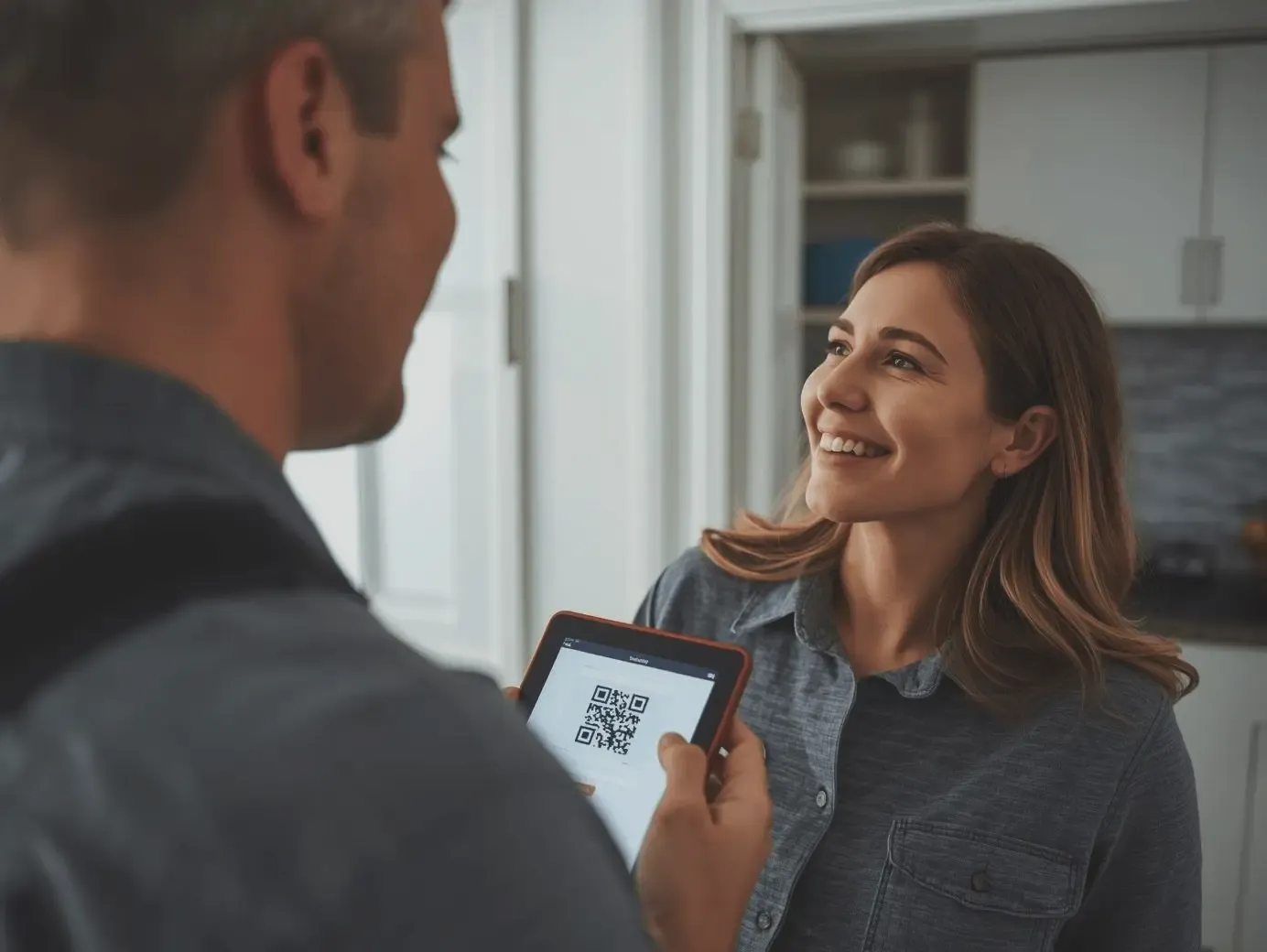 A smiling female homeowner looking at a technician as he presents a tablet with a QR code, representing high customer service satisfaction.
