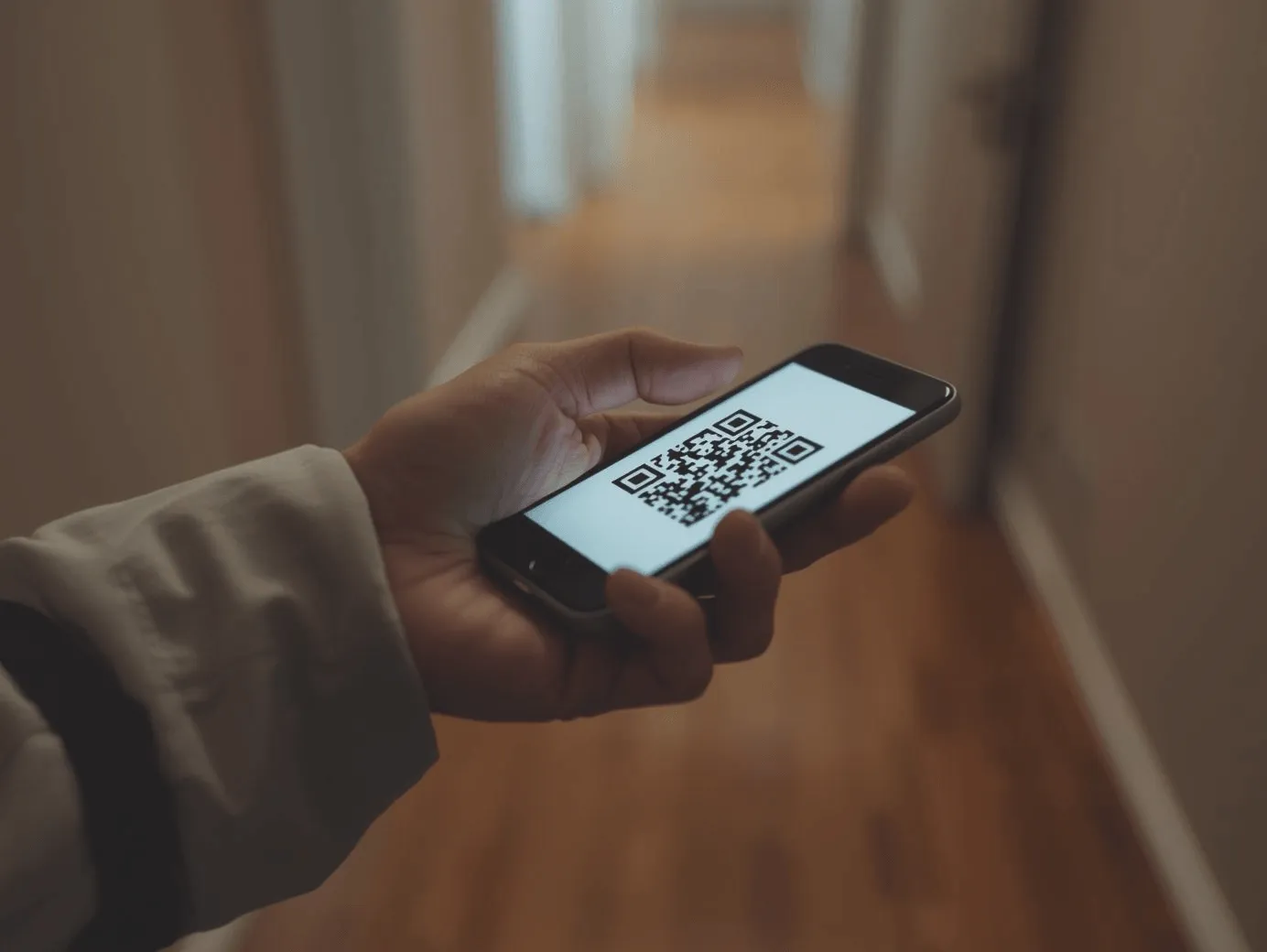 A close-up shot of a person's hand holding a smartphone displaying a large QR code for scanning in a home hallway setting.