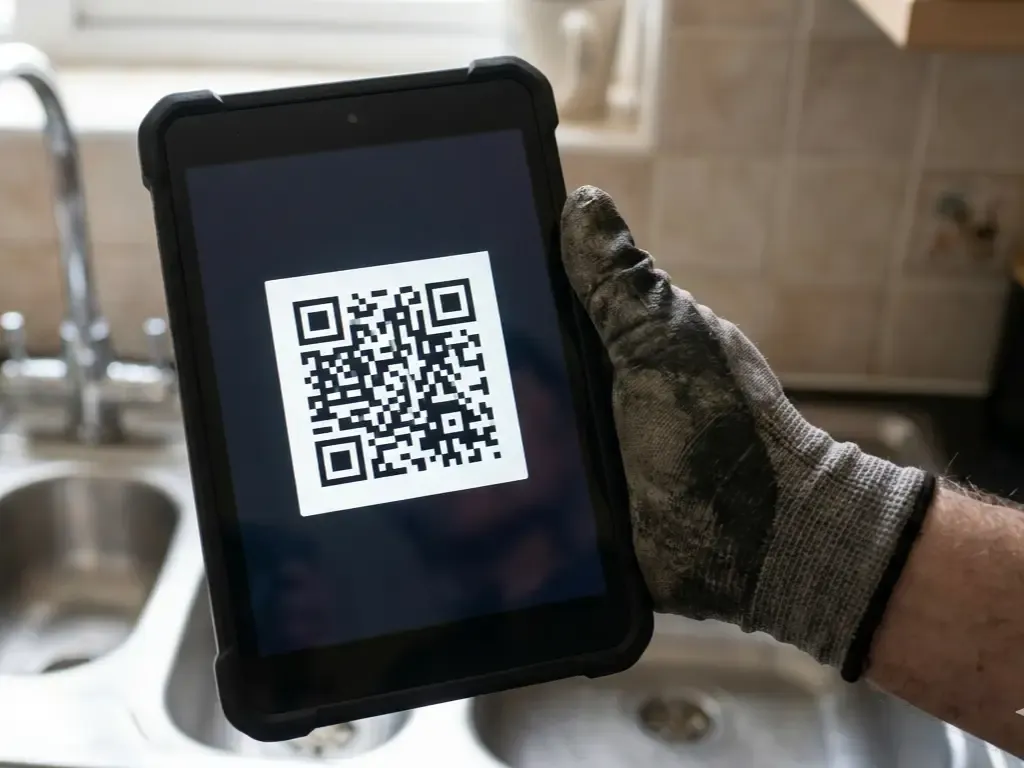 A close-up of a worker's hand in a dirty work glove holding a rugged digital tablet displaying a prominent white QR code over a kitchen sink background.