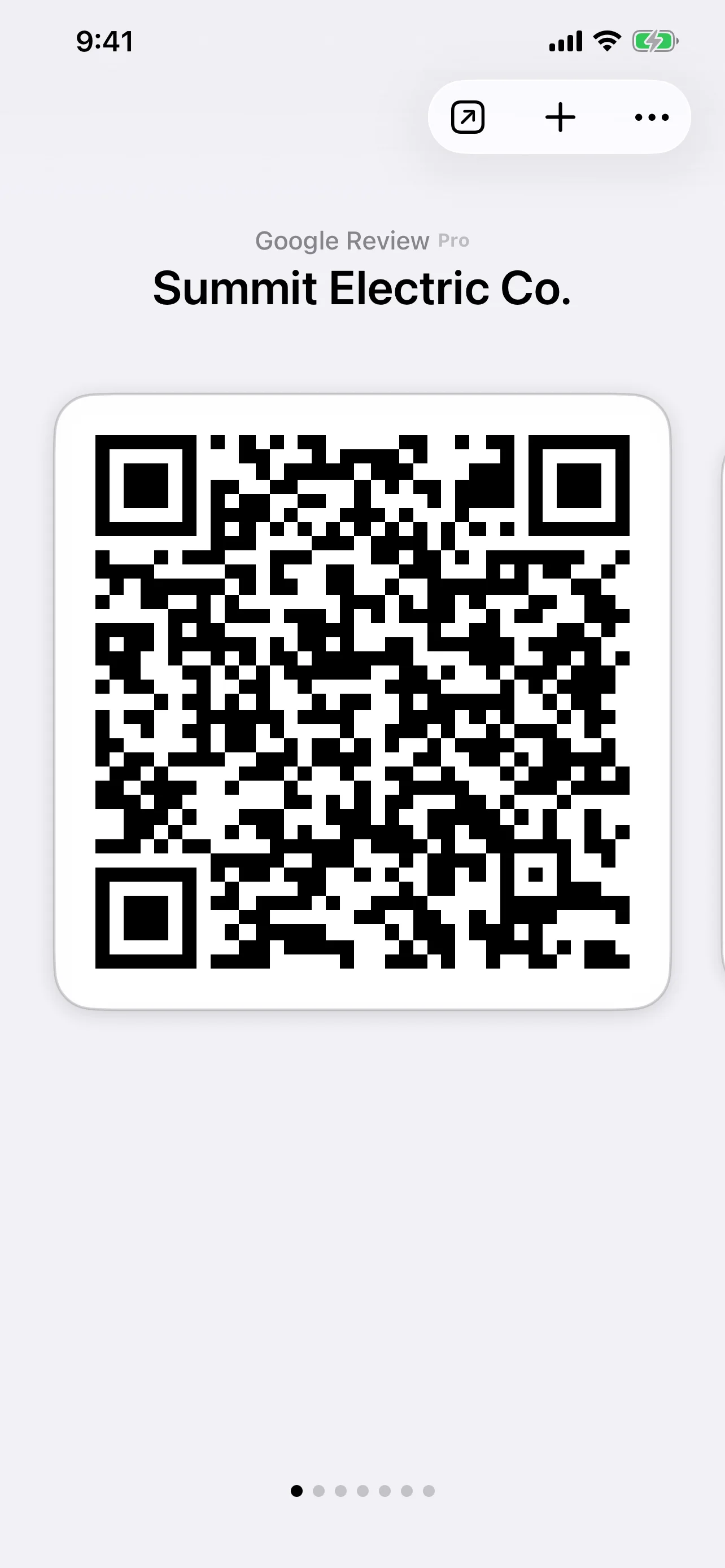 Screenshot of the QR Pad iPhone app showing a Google Review QR code for a business, ready to share with a customer.