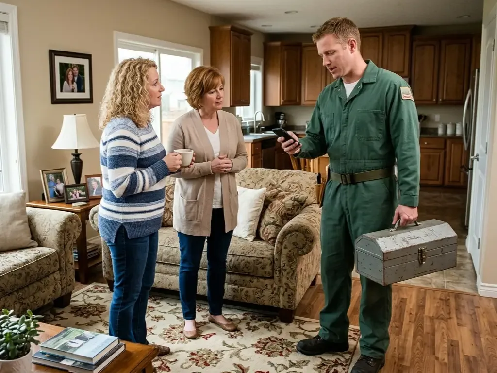 A home service technician in a green uniform shows a smartphone screen to two female homeowners in a living room while holding a vintage metal toolbox.