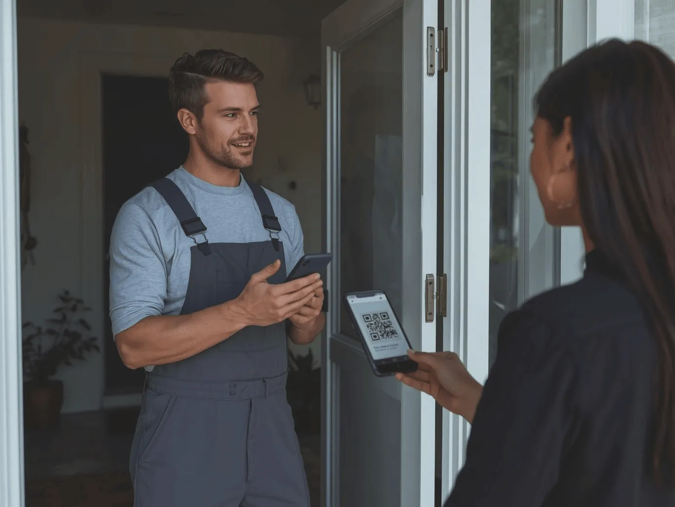 A professional home service technician in overalls standing at a front door while a customer scans a QR code on a smartphone to leave a review or make a payment.