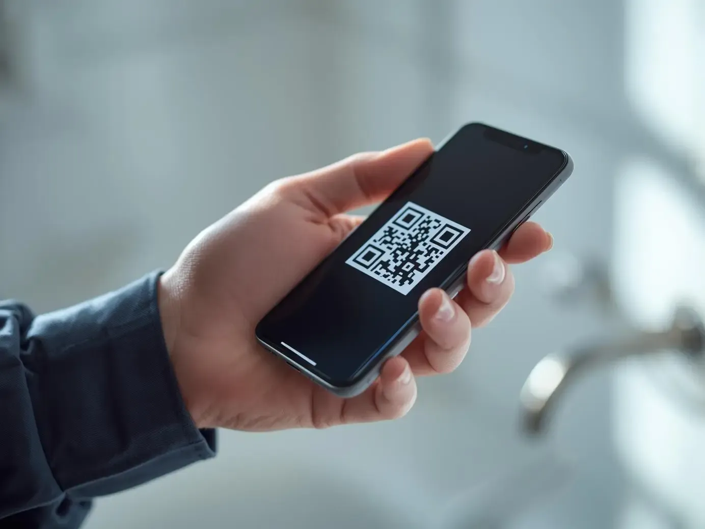A close-up of a hand holding a smartphone that displays a freshly generated black and white QR code on the screen, set against a bright, slightly blurred indoor background.