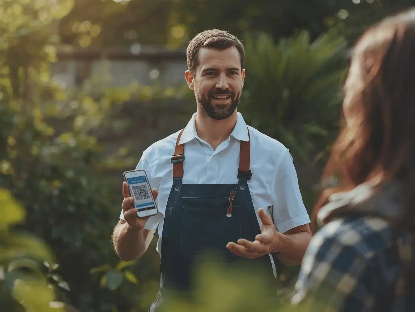 A service technician in a white shirt and navy apron showing a QR code on a smartphone to a customer outdoors.
