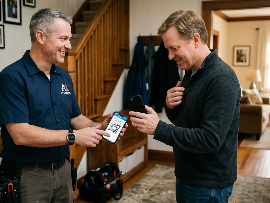 Un plomero sonriente con uniforme azul señala un código QR en su teléfono mientras un cliente sostiene su smartphone listo para escanearlo dentro de una vivienda.