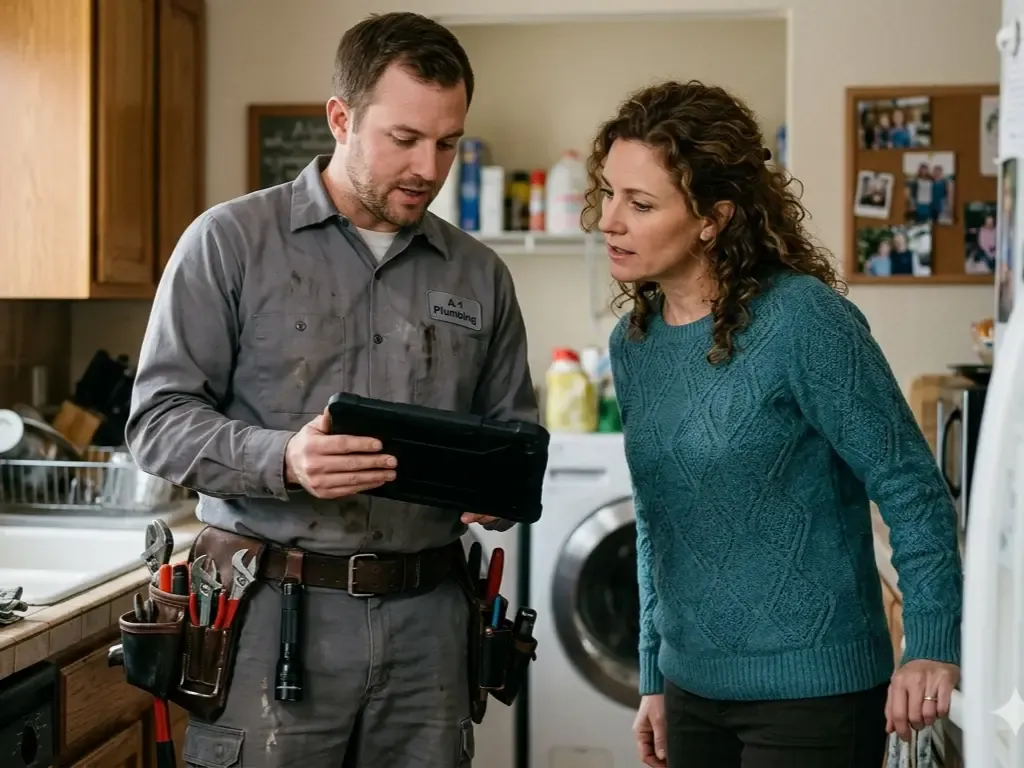 A plumbing technician wearing a uniform and tool belt reviews details on a rugged tablet with a female customer in a kitchen