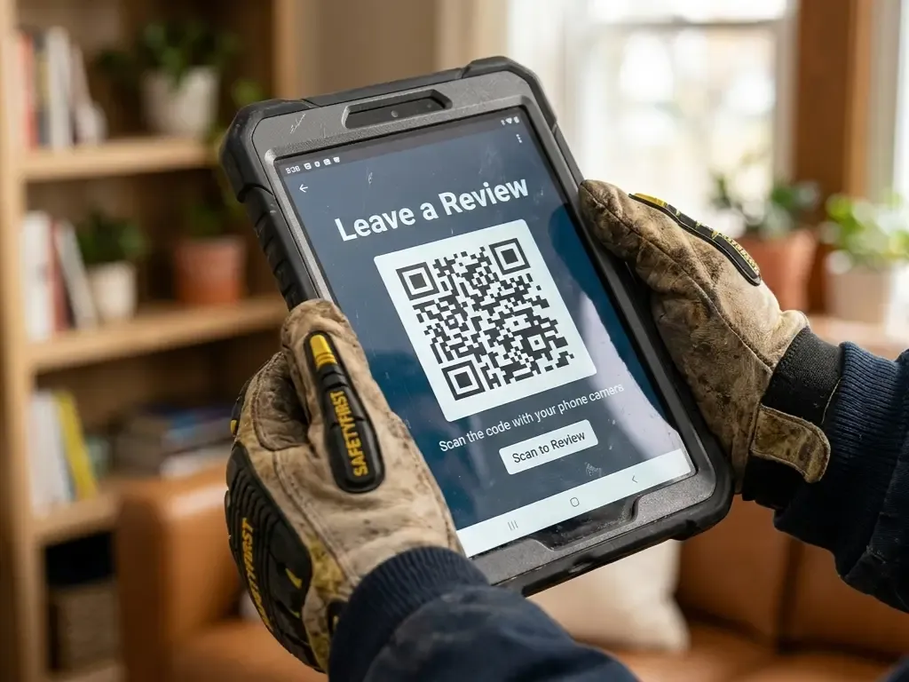 A technician showing a customer a "Scan and Review Us" screen with a QR code on a tablet to collect instant digital feedback after a job completion.