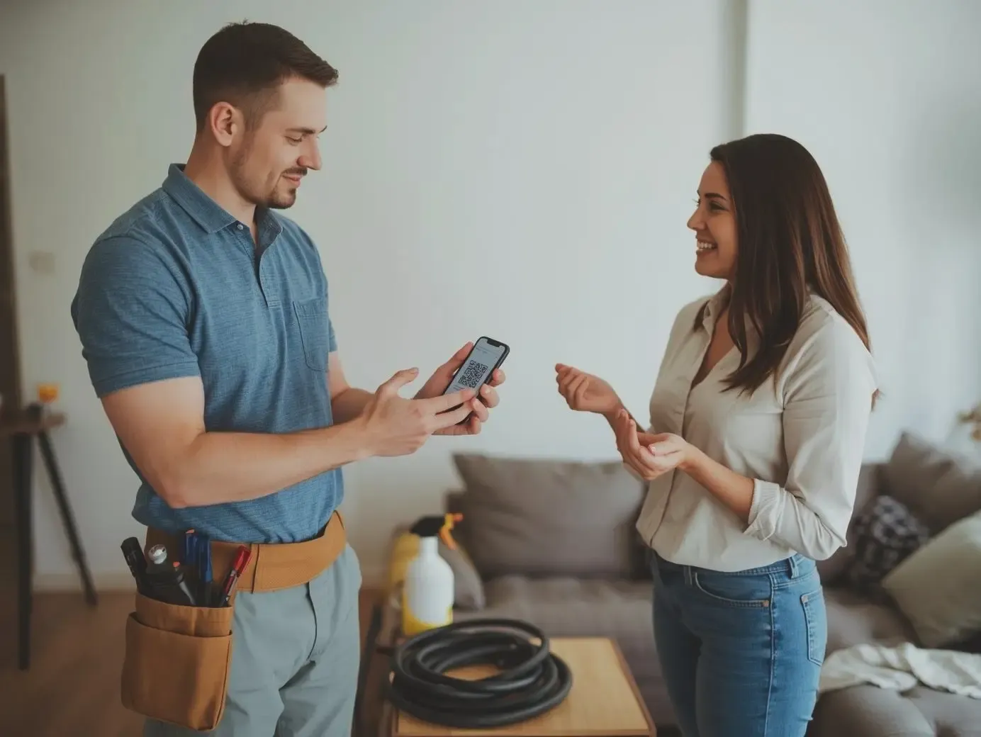 A service technician with a tool belt showing a QR code on a smartphone to a smiling woman in a living room.