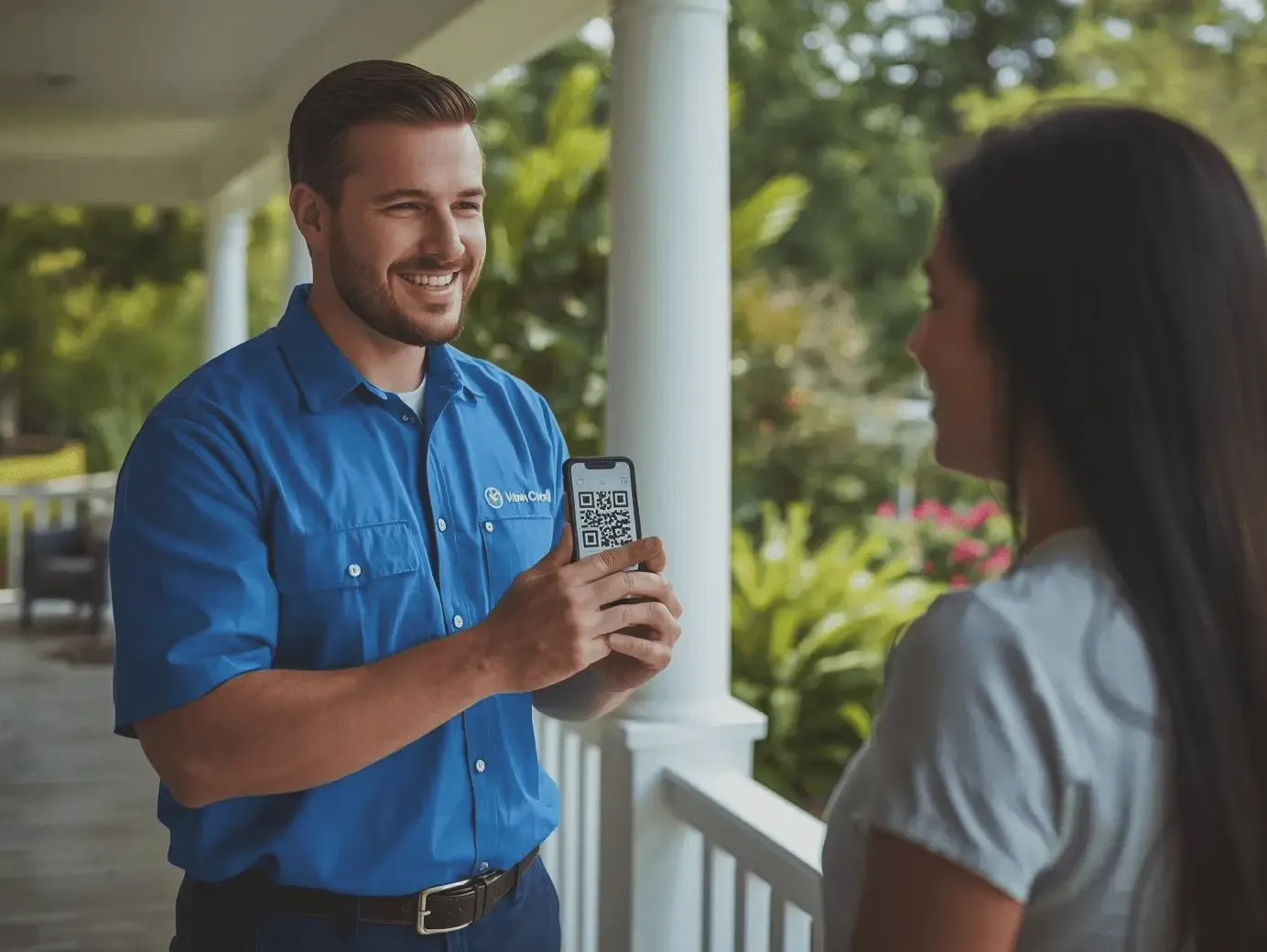 A professional service technician in a light blue shirt holding a smartphone to a customer on a porch to collect a Yelp review via QR code.