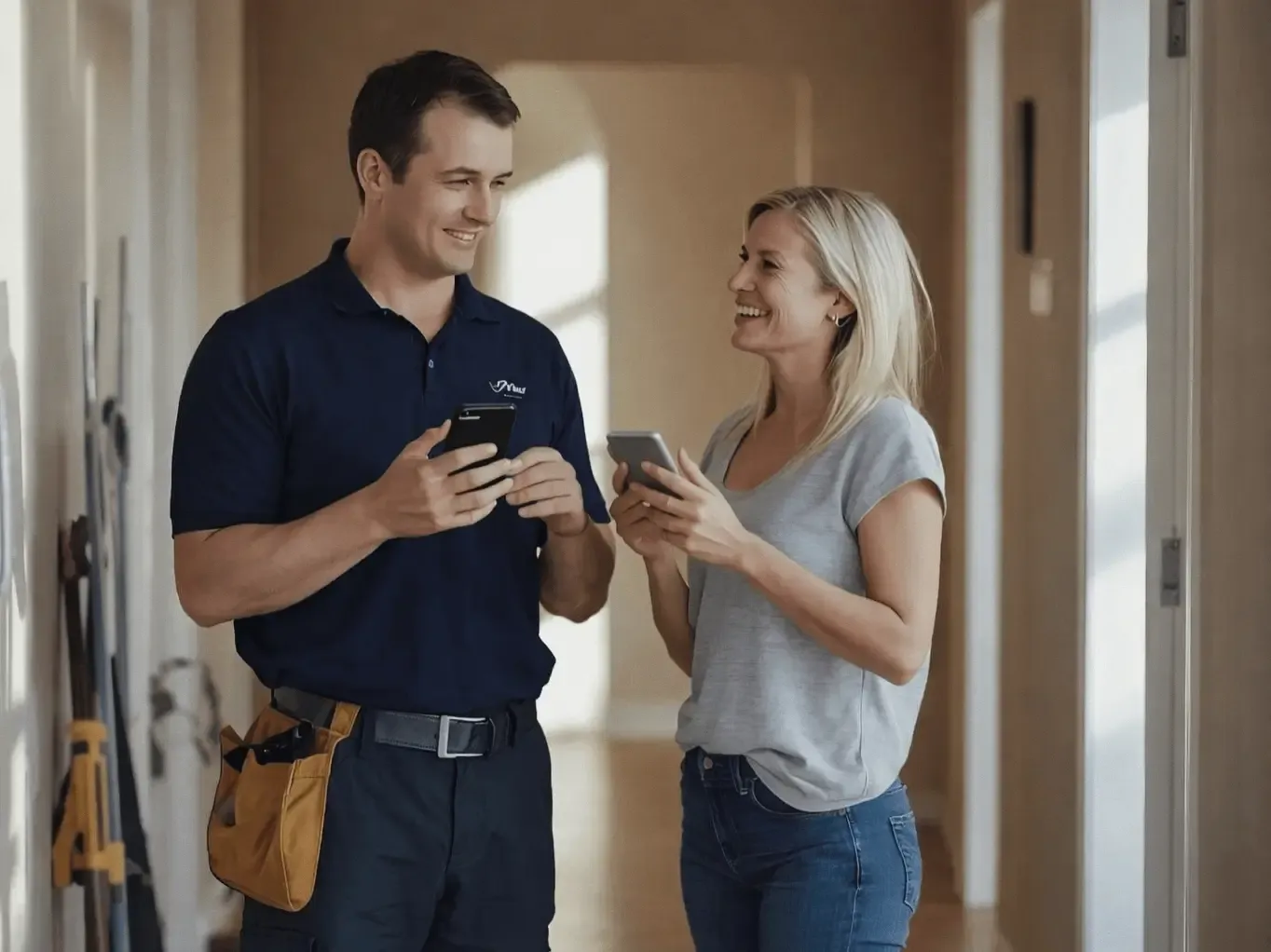 A smiling service technician in a dark blue polo and tool belt standing in a hallway with a female customer, both holding smartphones to complete a digital business review.