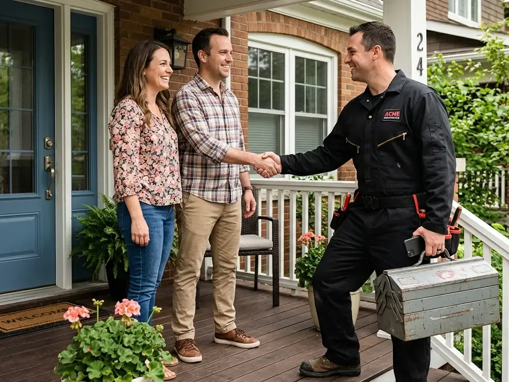 A smiling technician in a black uniform shaking hands with a couple on their front porch next to a vintage toolbox.
