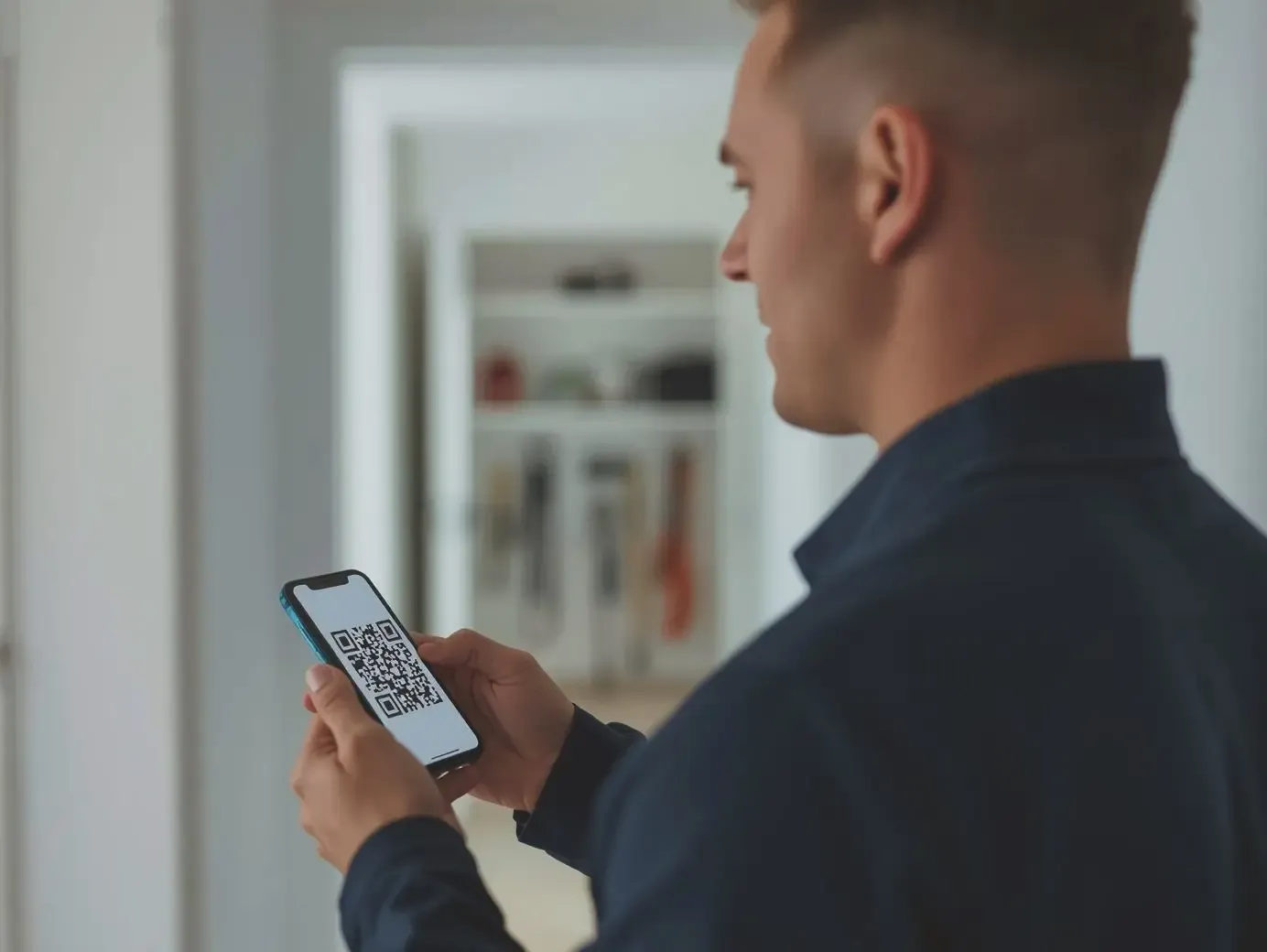 A service professional in a dark shirt holding a smartphone to display a clear QR code for a business review scan in a home interior.
