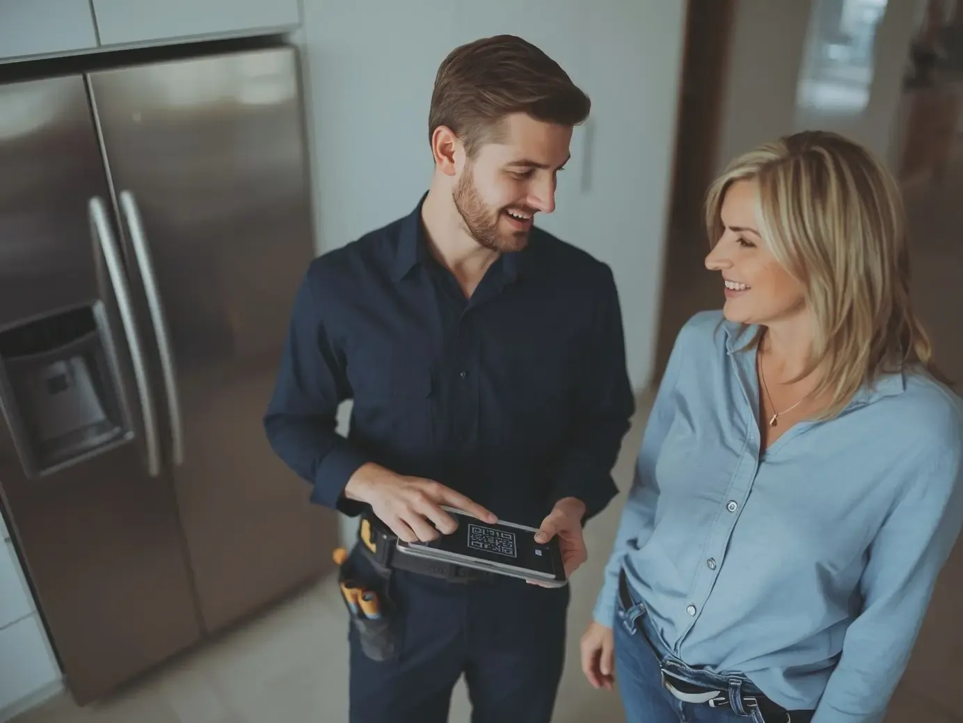 A service technician in a dark blue uniform showing a tablet with a review QR code to a smiling female customer in a modern kitchen.