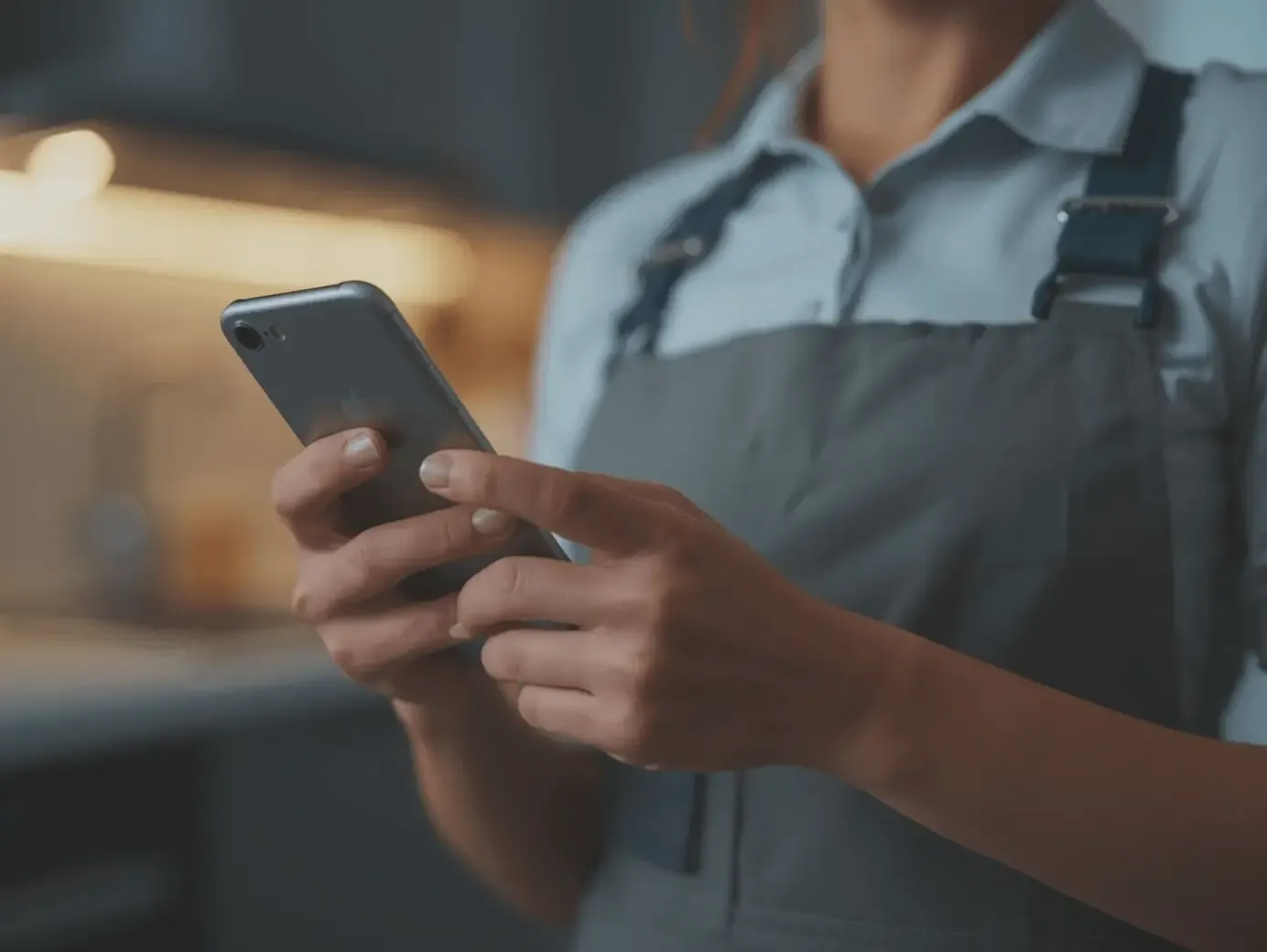 Close-up of a service technician in gray work gear using a smartphone to manage customer reviews and business operations on-site