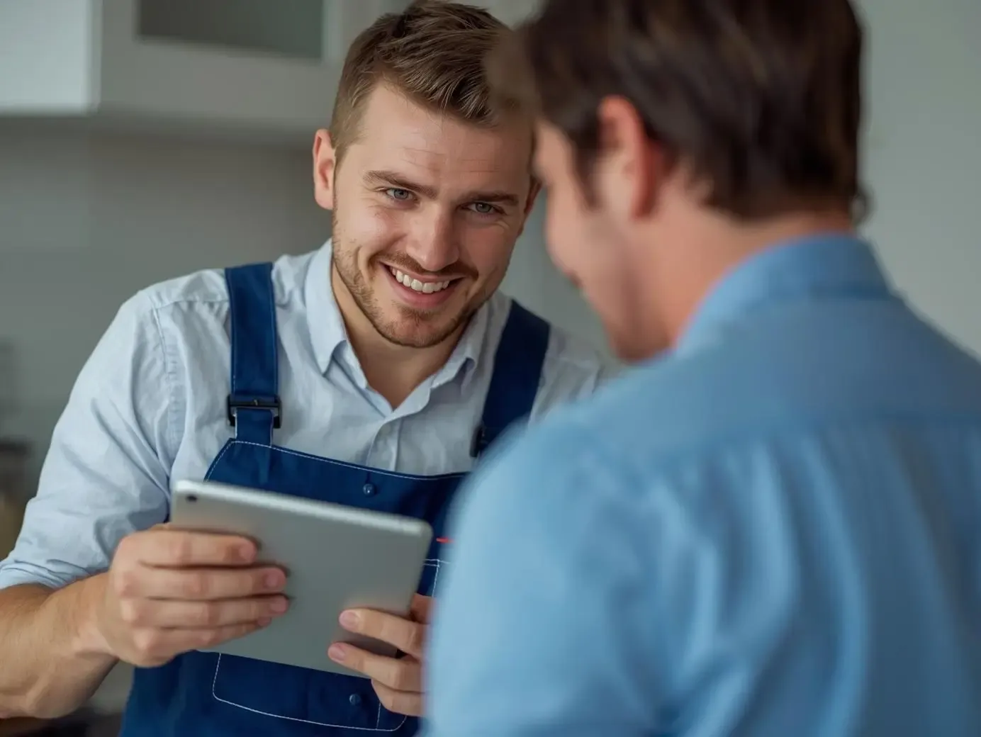 A smiling service technician in blue overalls holding a silver tablet while talking to a customer indoors.
