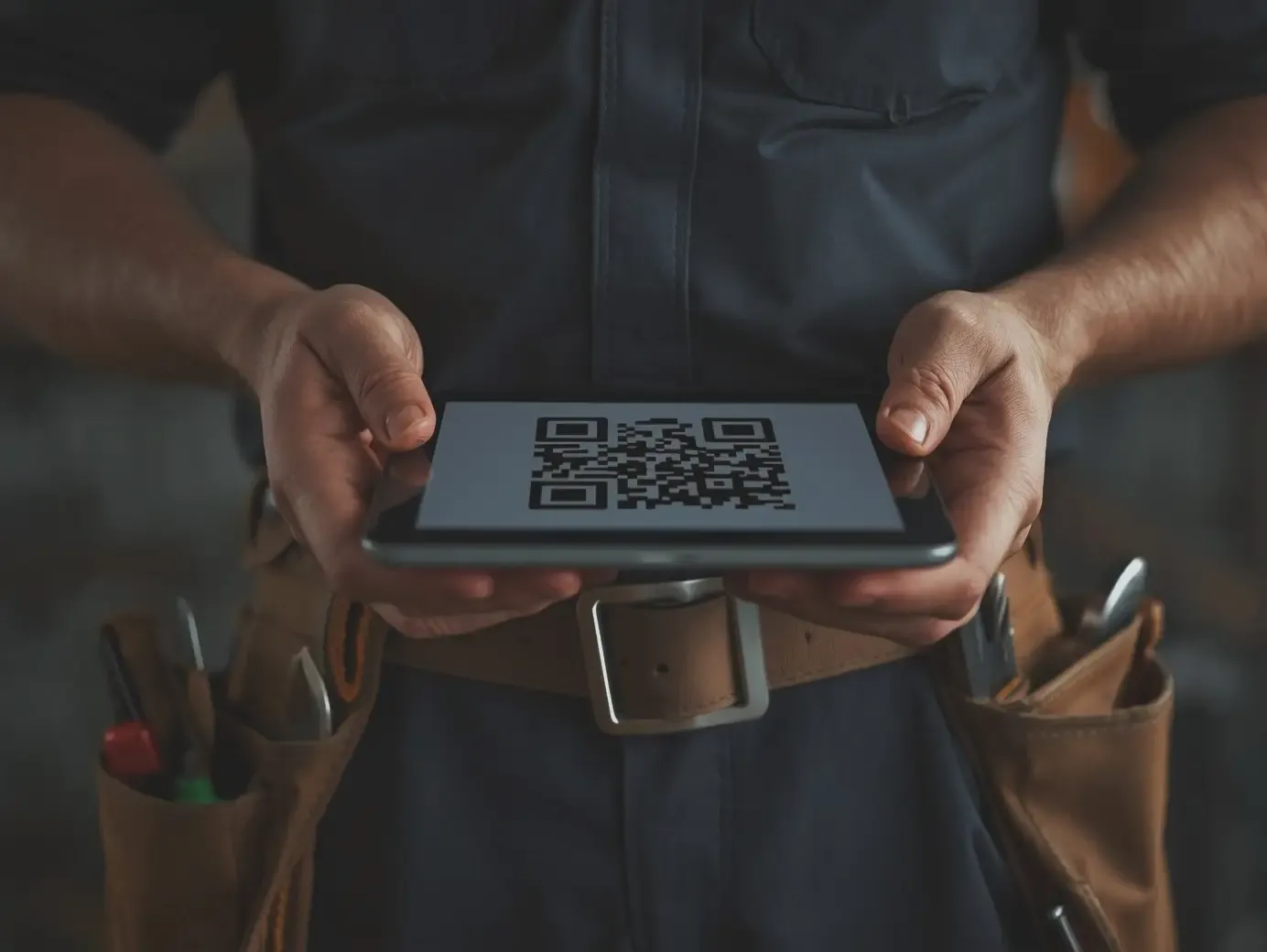 Close-up of a service technician's hands holding a tablet with a large QR code displayed, wearing a professional tool belt.