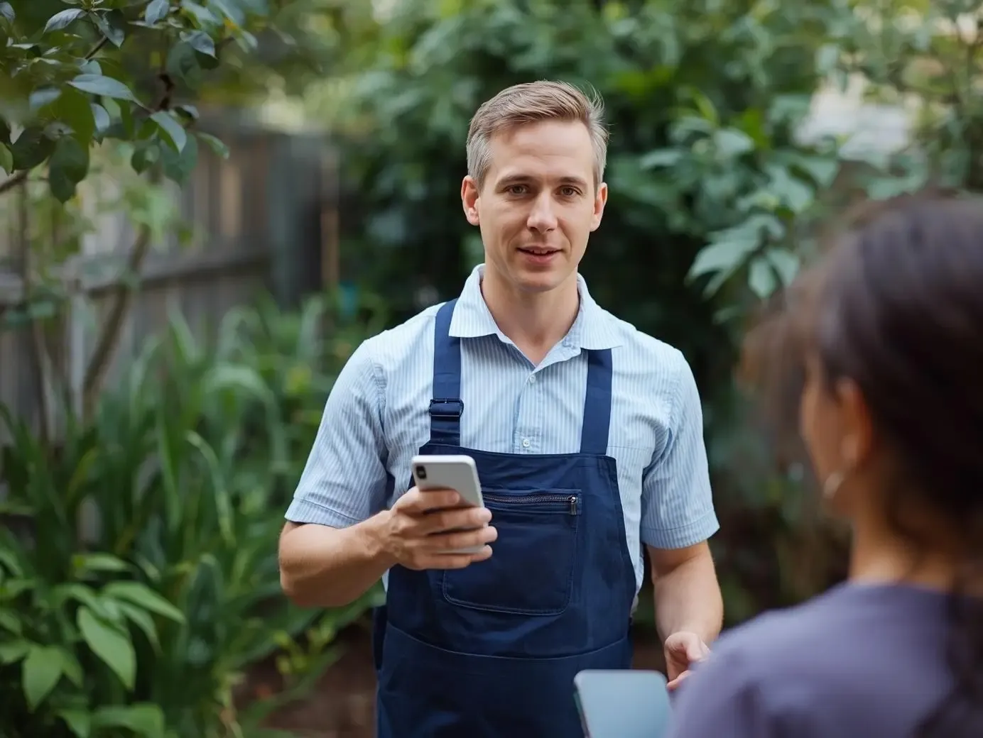 A professional service worker in dark blue overalls holding a smartphone while interacting with a customer outdoors, demonstrating how the app generates instant QR codes for contact sharing and booking.