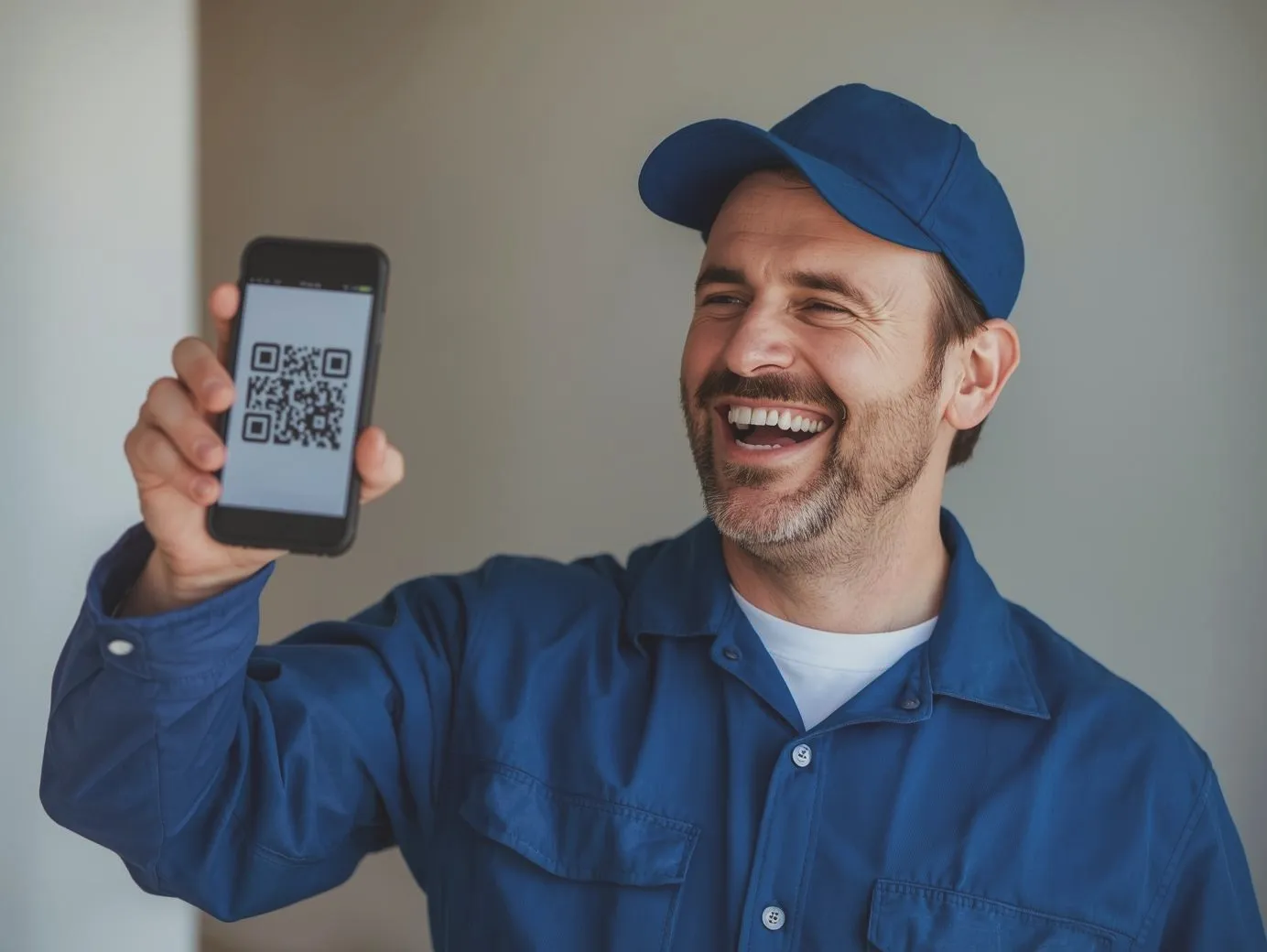 A smiling man in a blue service uniform and cap holding up a smartphone to display a large, clear QR code for scanning.