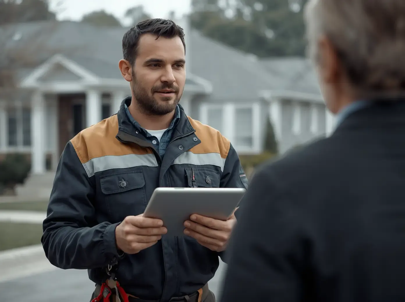 A technician holding a tablet while speaking to homeowner outside, asking for reviews for local search rankings