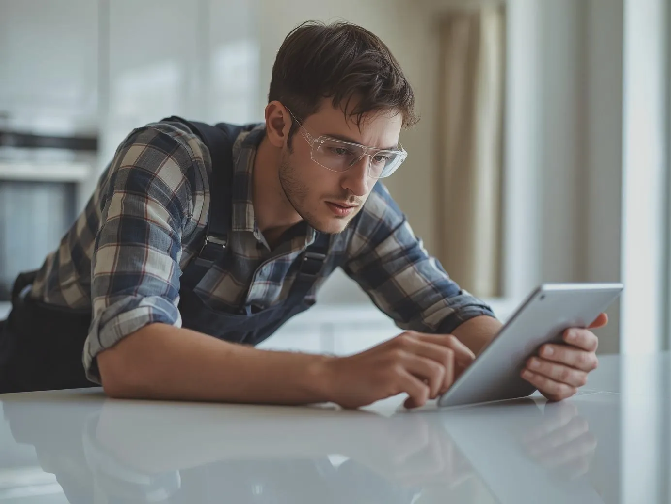 A technician wearing safety glasses and overalls leaning over a white counter while focused on using a digital tablet.