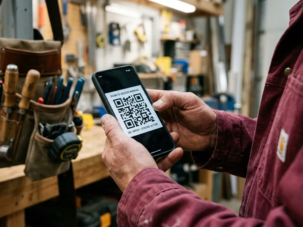 A close-up of a worker holding a smartphone displaying a custom QR code titled "SCAN TO ACCESS MANUAL" in a workshop setting, showcasing the app's capability to generate digital equipment links.